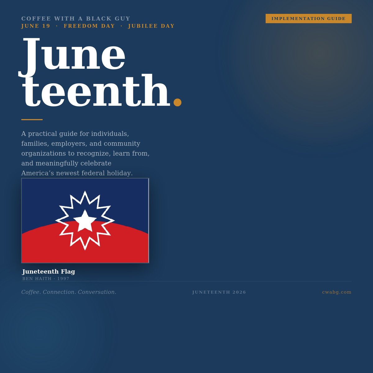 CoffeewBlackGuy's tweet photo. A Juneteenth Implementation Guide — I built a guide for the people who want to do more than post.

History. The three flags. Discussion questions. A reparations primer. Guidance for families, employers, community orgs, and educators.
Available for download Soon
#Juneteenth #CWABG https://t.co/LBw85HBeOP