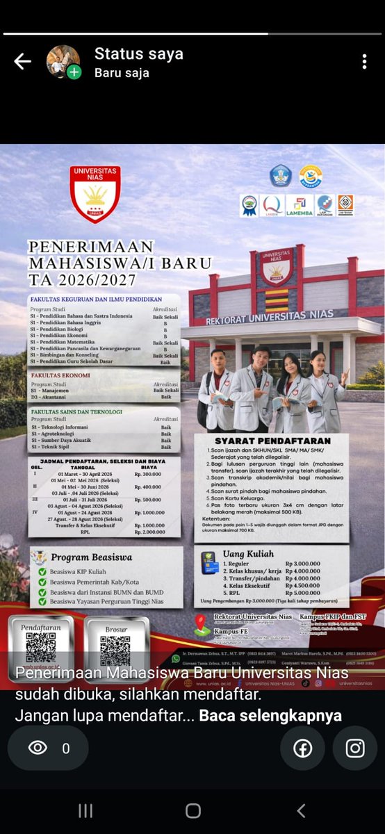 Penerimaan Mahasiswa Baru Universitas Nias Tahun Akademik 2026/2027 telah dibuka.
Segera daftarkan diri Anda di Universitas Nias.

📌 Pendaftaran online:
pmb.unias.ac.id

#universitasnias #nias #gunungsitoli #sumaterautara #indonesia #niasbarat #niasutara #niasselatan