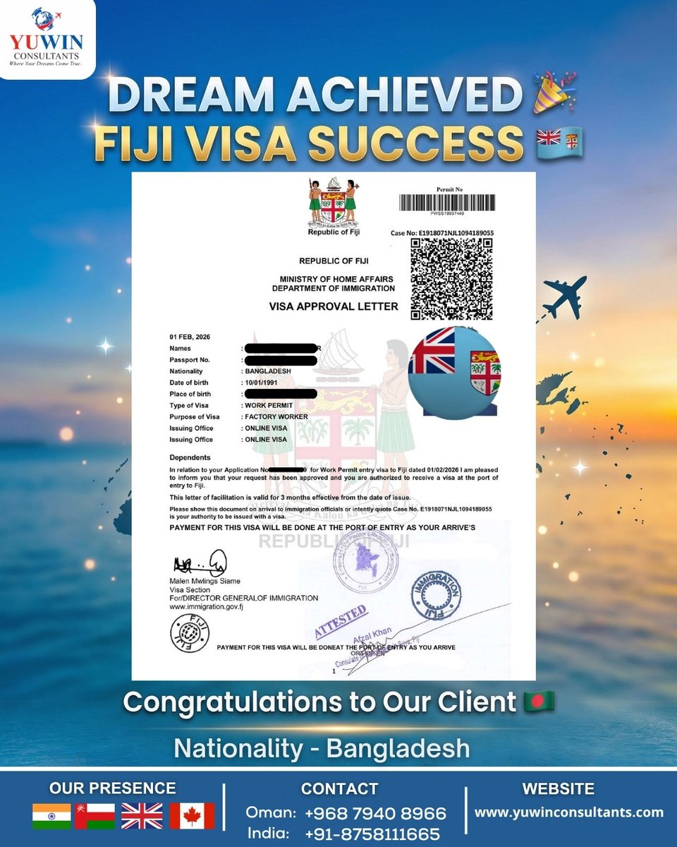 YuwinConsultant's tweet photo. 𝗗𝗥𝗘𝗔𝗠 𝗔𝗖𝗛𝗜𝗘𝗩𝗘𝗗 – 𝗙𝗜𝗝𝗜 𝗩𝗜𝗦𝗔 𝗦𝗨𝗖𝗖𝗘𝗦𝗦 🎉✈️

Back-to-back success stories! 🇫🇯
Congratulations to our clients from Bangladesh on their Fiji Work Permit approvals. 
At Yuwin Consultants, we turn your dreams into reality.
Ready to be our next success story? https://t.co/Iot49qo7eI