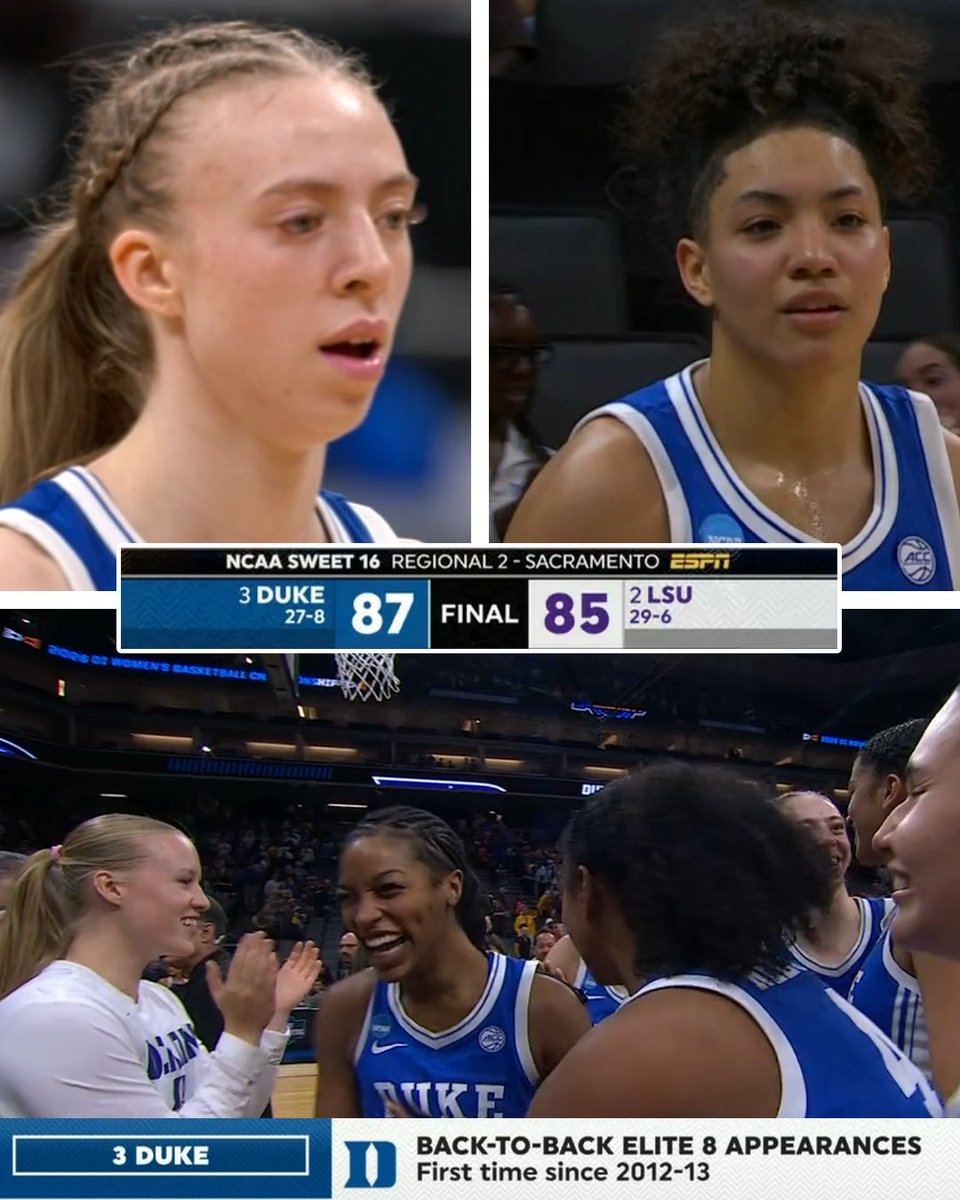 WomensHoops_USA's tweet photo. TOBY FOURNIER TONIGHT:
22 PTS, 9 REB, 3 STLS

TAINA MAIR TONIGHT:
22 PTS, 5 REB, 4 AST, 2 STLS

ASHLON JACKSON TONIGHT:
19 PTS, 5 AST, GAME WINNER

DUKE TAKES DOWN LSU TO ADVANCE TO THE ELITE 8! https://t.co/5asrsTx3wh