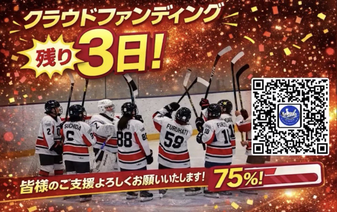 tsuru_hockey's tweet photo. 🔥残り3日！ラストスパート🔥

都留文科大学女子アイスホッケー部🏒
クラウドファンディング挑戦中！

現在 75％達成！

最後まで挑戦します🔥

いいね・拡散で応援お願いします！🙇‍♀️

リンク⬇️
https://t.co/6BSLEGZUKI

#春からツルブン
#都留文科大学
#女子アイスホッケー
 #ブヒカツ https://t.co/LW44NtEPBn
