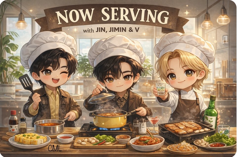 LClairm35766's tweet photo. NOW SERVING 🍳💜
Chef Jin, Chef V, Chef Jimin… and suddenly I’m booked for life
soju poured, grill hot, kitchen full of chaos and love
this isn’t a meal
it’s an experience 😭
who’s your chef for the night?
#Jimin #Jin #V #BTS #BTSARMY #ChefBTS #KFood #SojuNights #CutieSexyLovely https://t.co/hzk7cx1tD3