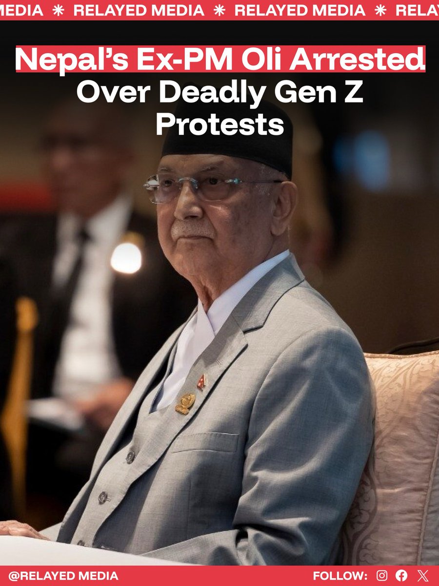 relayedmedia's tweet image. Nepal’s former PM K. P. Sharma Oli has been arrested over the deaths linked to 2025 Gen Z protests.

⚖️ He is accused of negligence in failing to prevent violence that killed dozens during anti-corruption demonstrations.

#Nepal #BreakingNews #GenZProtests #WorldNews