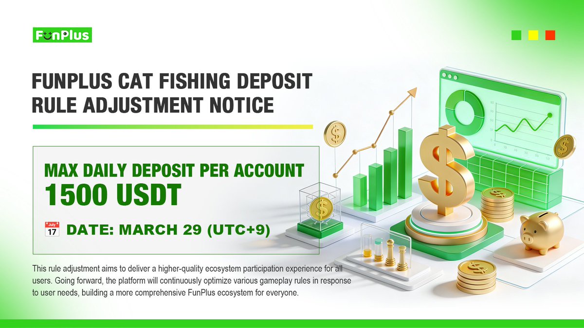 FunPlusCrypto's tweet photo. Starting March 29, 2026: Cat Fishing max daily deposit per account = 1500 USDT. Join flexibly as you prefer.
This rule upgrade boosts your ecosystem experience. We’ll keep optimizing gameplay rules to build a better FunPlus ecosystem for all. https://t.co/S4BudbSzN9