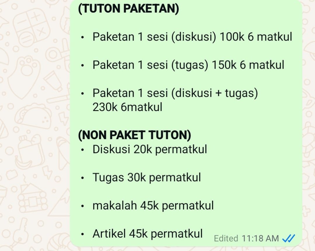 dxelxuna's tweet photo. HALO GUYS BENTAR LAGI TUTON DIMULAI🔔

Aku Masih Open ya
° Handle akun Tuton UT
° Paket sesi Diskusi 
° Paket sesi Tugas

Masih banyak slot langsung WhatsApp aja 👇🏻

💬: https://t.co/upIFGWXfEf

#zonauang️ #jokitugas #universitasterbuka https://t.co/EONHYPcI2s