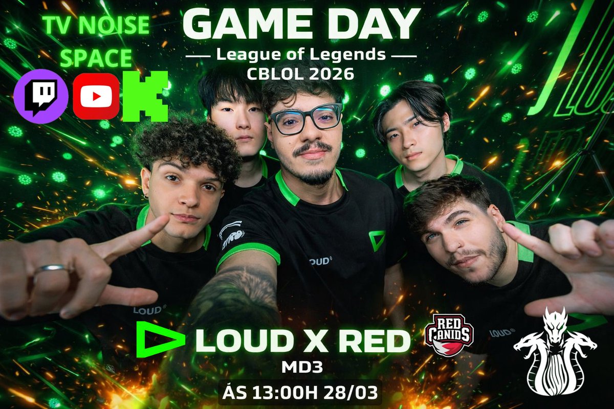 NoiseSpaceLoud's tweet photo. 🔥É DIA DE GUERRA! É DIA DE LOUD!🔥

O CBLOL 2026 começa do jeito que a gente gosta: COM CLÁSSICO, COM RIVALIDADE E COM SEDE DE VITÓRIA.

Logo na estreia do split, já temos um confronto que dispensa apresentação: LOUD x RED — os mesmos finalistas da Copa CBLOL 2026… e todo mundo sabe como terminou: UM SONORO 3x0 PRA LOUD🟢💥

Mas hoje é outro dia!
Hoje é MD3, hoje é tentativa de vingança pra eles… e mais uma oportunidade pra LOUD mostrar quem manda no cenário.

📅 28/03/2026
⏰ 13:00h

E claro… a gente não vai só assistir — a gente vai viver esse jogo com você.

🎥 Estaremos AO VIVO na TV Noise Space:
👉 Twitch | Kick | YouTube

Mas já chega cedo, hein 👀
🔥 A live começa às 11:00h com:
•Tier list atualizada
•Montando o time do Fantasy
•Palpites quentes
•E aquele PRÉ-JOGO PESADO do jeito que só a gente faz

Se é clássico, a gente entrega hype
Se é LOUD, é vitória

💚 COLA COM A GENTE E VEM TORCER!
🚀 #goloud #cblol #TVNoiseSpace