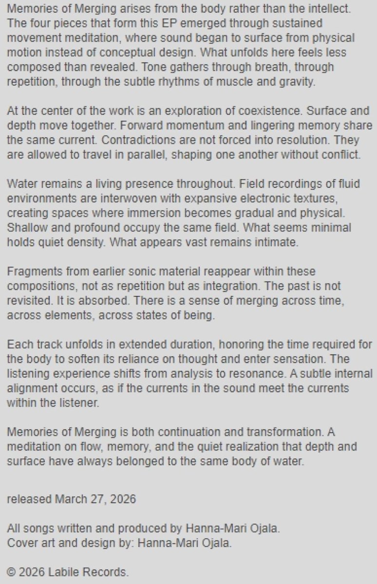pHinnWeb's tweet image. H-M O (a.k.a. Hanna-Mari Ojala) - Memories of Merging (Labile Records/USA, digital, 27 March 2026).

h-mo.bandcamp.com/album/memories…

#HMO #ambient #experimental #drone #dub #IDM #fieldrecordings #electronic #LabileRecords #Raleigh #NorthCarolina #USA #HannaMariOjala #Finland