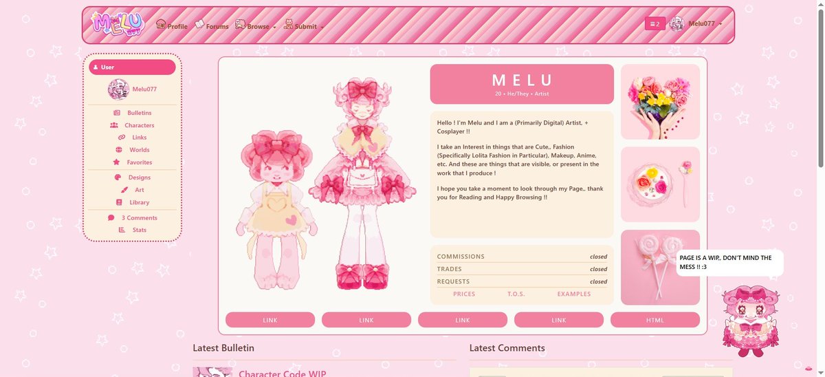 melu_077's tweet photo. How my Toyhouse page is currently looking 💗

On my PC at least,, I'm still working a bit on Mobile compatibility https://t.co/HPWEEzZjo5