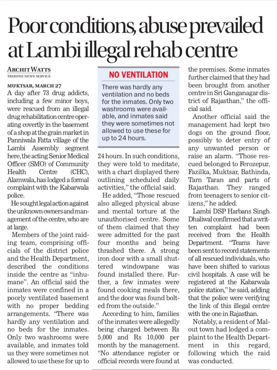 archit0078's tweet image. Poor conditions, abuse prevailed at #Lambi illegal #drug #rehabilitation centre 

#Muktsar #Malwa #Punjab #DrugMenace #Drugs @thetribunechd 

tribuneindia.com/news/punjab/po…