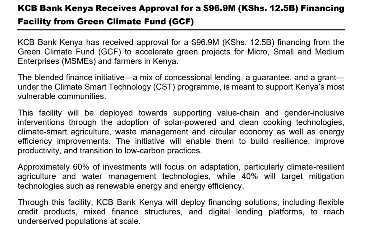MwangoCapital's tweet photo. KCB Bank Kenya secures $96.9M (KES 12.5B) Green Climate Fund facility to finance MSMEs and farmers, targeting climate-smart agriculture, clean energy, and circular economy solutions: https://t.co/KxsO6G6fE4