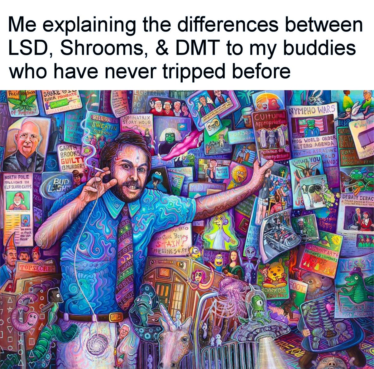 APsychedelics's tweet photo. Explaining the difference between LSD, Shrooms, &amp; DMT 👨‍🚀 Art by John Speaker https://t.co/VvaRPXjg1K