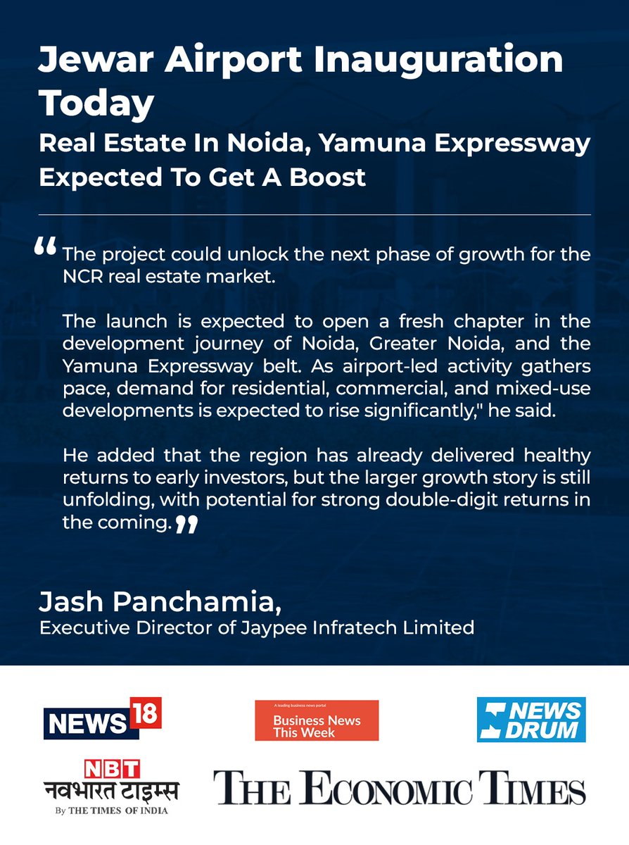 Jaypeeinfratech's tweet photo. A New Chapter for Noida/Greater Noida Begins!

#JaypeeInfratech #JewarAirport #NoidaInternationalAirport #GreaterNoida #YamunaExpressway #NCRRealEstate #RealEstateIndia #NewLaunch #AirportCity #InfrastructureIndia #PropertyInvestment #HomeBuyers https://t.co/DCoyqd8M5C