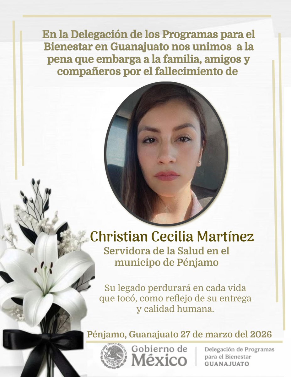Con profundo dolor lamentamos el fallecimiento de nuestra querida compañera Christian Cecilia Martínez, Servidora de la Salud en el municipio de Pénjamo.
Su vocación de servicio, entrega y calidad humana dejaron una huella imborrable en quienes tuvieron el honor de conocerla y