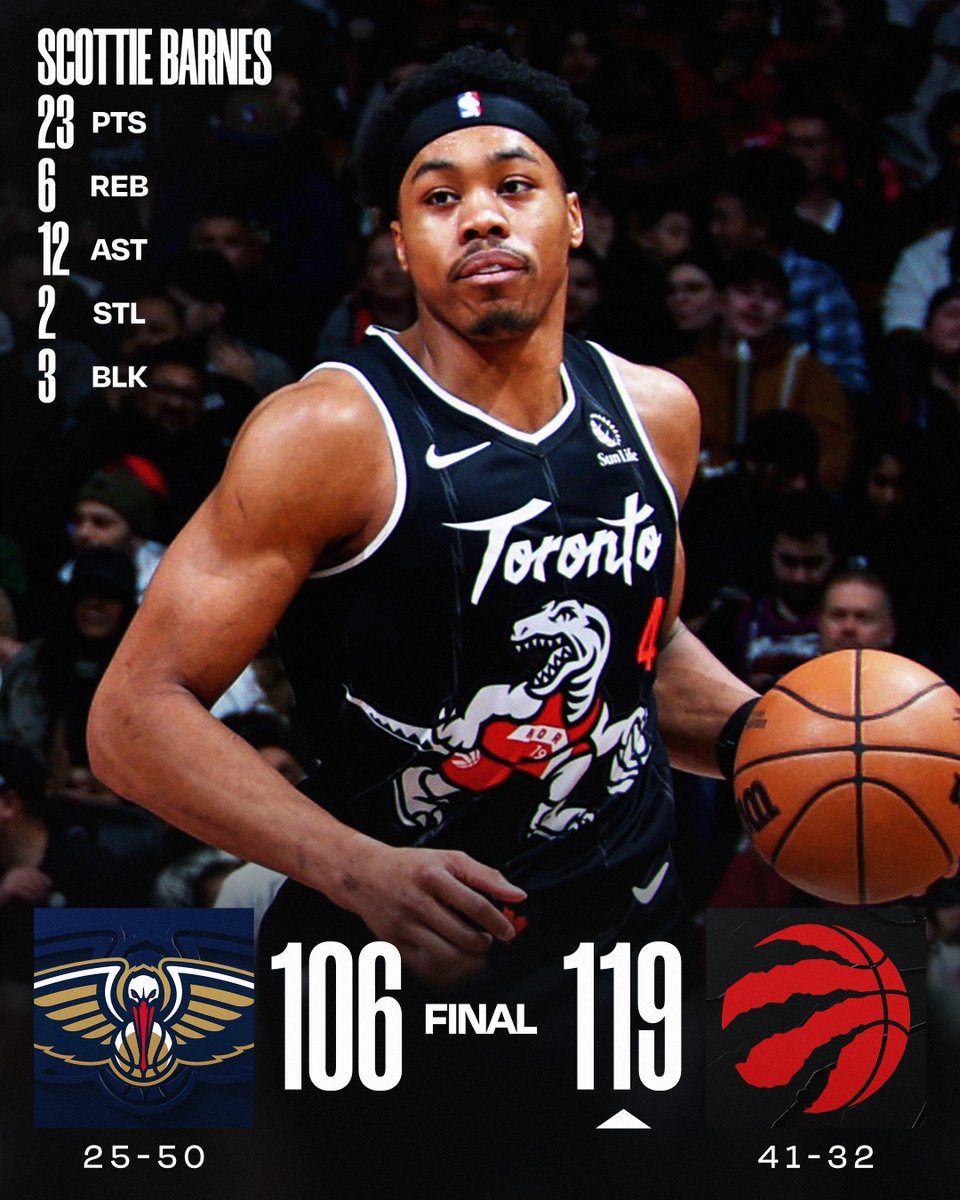 🏀 FRIDAY'S FINAL SCORES 🏀
Scottie Barnes and the @Raptors secure the home W!
Jakob Poeltl: 18 PTS, 11 REB, 3 AST
Sandro Mamukelashvili: 18 PTS, 9 REB
RJ Barrett: 18 PTS, 6 REB, 4 AST
Ja'Kobe Walter: 18 PTS, 4 AST