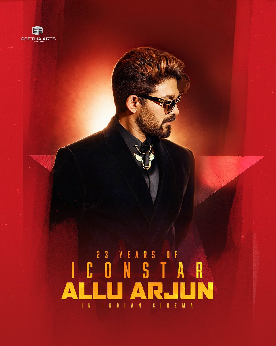 GeethaArts's tweet photo. A journey marked by passion, perseverance, and path-breaking achievements.❤️‍🔥

Celebrating 23 years of ICON STAR @AlluArjun garu in Indian cinema.🤩

Wishing him continued success and greater heights ahead.

#23ICONICyearsOfAlluArjun https://t.co/HW7BsK1pm8