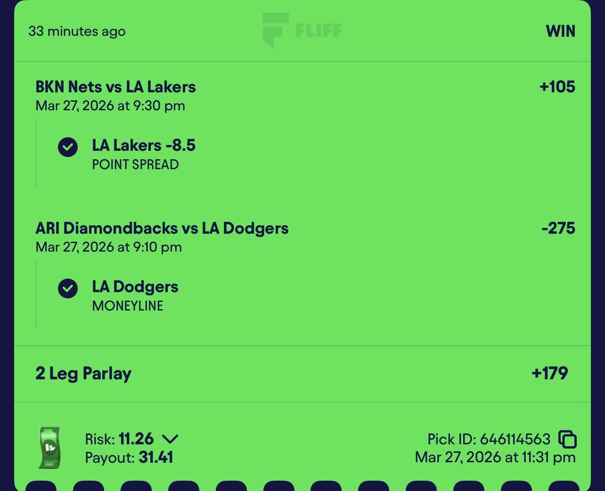 1of1cardss's tweet image. My apologies, .70 to 31 dollars #Gambling𝕏 #gamblingtwitter #fliff @fliff #dbacks #dodgers #repthehalo #DNMW