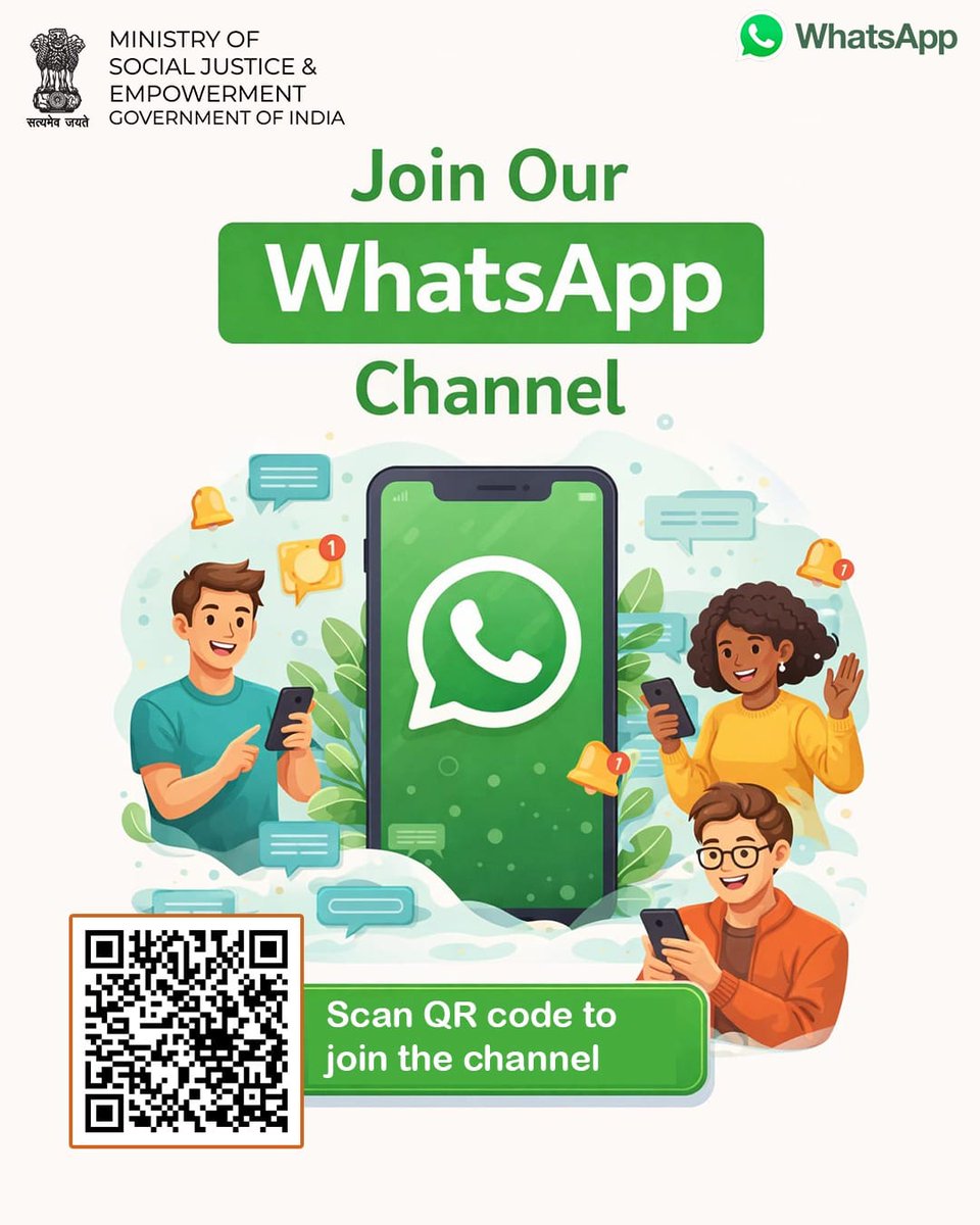 MSJEGOI's tweet image. Stay updated on social justice schemes—join our WhatsApp channel by scanning the QR code today. #StayConnected 

@PMOIndia @narendramodi @AmitShah @Drvirendrakum13 @RamdasAthawale @blvermaup @PIB_India @mygovindia @MIB_India @NISD_India @nskfdc @NSFDC_MOSJE @nbcfdc