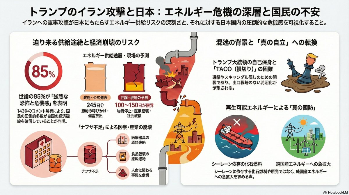 AtkReiwa's tweet photo. このまま戦争が長引けば日用品が今のようには買えなくなる未来が待っているのに、あまり報道もされませんし、YAHOOニュースでの閲覧数やコメント数も極端に少ないことに危機感を感じています

【YAHOOニュース解析】

戦争は長引くほどイランに有利で今後は共和党議員の造反雪崩も？トランプ大統領は果たして「TACO」ることができるのか…ての鉄則なのである。
 ■「ナフサ不足の長期化」だけは絶対に避けたい 　エネルギー供給よりも先に問題化しそうなのが、ナフサの不足である。こちらは中東依…

コメント数132
東洋経済オンライン経済総合　3/28(土) 6:30

URL: https://t.co/NZGycXMdnP

今回の解析で最も注目すべきは、単なる「戦争反対」という感情論を超えた、「生活基盤の喪失に対するリアリズムを伴った危機感」の圧倒的なボリュームです。

世論の85%： 米国の軍事行動を「指導者の自己保身（エプスタイン疑惑・選挙対策）」と断じ、日本経済への壊滅的打撃を確信。

「281件」の共感： 「トランプ大統領は自身のスキャンダル隠しのために出口のない戦争を始めた」とする批判コメントに集中。

「100〜150日」のデッドライン： 政府発表の「備蓄254日分」という数字を「現場の実態と乖離した虚構」と捉える不信感が、112件の共感によって裏付けられています。

中東の火種が、ガソリン価格のみならず、「ナフサ不足」を通じて医療現場や食品供給網までをも停止させるという、国民の極めて冷静かつ切実な恐怖がデータに刻まれています。

【Structural Analysis（構造分析）】

なぜ、これほどまでに米国の動向に対して厳しい世論が形成されているのか。それは単なる反米感情ではなく、「他国の内政事情に、日本国民の生存権が握られている」という歪な構造への、本能的な拒絶反応です。

政治の私物化とコストの転嫁：
コメント群が指摘する「エプスタイン疑惑」や「選挙対策」という動機は、一国のリーダーが個人の保身のために国際秩序を攪乱しているという構図を浮き彫りにしています。この「政治の私物化」が生むコスト（エネルギー高騰・物価高）を、最も弱い立場にある一般市民が「自己責任」として背負わされている状況が、強い憤りを生んでいます。

脆弱な安全保障の露呈：
「備蓄日数の乖離」や「ナフサ不足」への言及は、日本の安全保障がいかに砂上の楼閣であるかを示しています。化石燃料やウランという「海外依存の資源」を前提とした社会構造そのものが、シーレーンの封鎖という外圧に対して無力であることを、国民は直感しています。これは個人の節約の問題ではなく、「政治の不作為」が生んだ構造的な脆弱性です。

「誰も切り捨てない」視点の欠落：
医療器具の原料が途絶えれば、真っ先に命を落とすのは社会的な弱者です。世論の不安の正体は、こうした「最も弱い人々から切り捨てられていく社会システム」への根源的な疑念であると分析できます。

【Perspective（未来への視座）】

私たちは今、「大国の顔色を窺いながら、いつ止まるか分からないエネルギーに依存し続ける」という危うい延命措置の限界に直面しています。

現在の分断と恐怖を乗り越えるために必要なのは、単なる「戦争への抗議」に留まらない、「真の自立」に向けた構造改革です。輸入燃料に依存し、常に外部要因で国民生活が脅かされる現状を「当たり前」と受け入れるのを止めなければなりません。

国内で完結する再生可能エネルギーの爆発的普及や、サプライチェーンの徹底的な国内回帰は、単なる環境政策や経済政策ではなく、「国民の命を他国の政治ゲームのチップにさせない」ための、最強の国防です。

「誰かの犠牲の上に成り立つ平和」ではなく、「誰もがエネルギーと食料の不安に怯えずに済む社会」。この本質的な問いを、私たちはこの危機の最中にこそ、政治に突きつける必要があります。