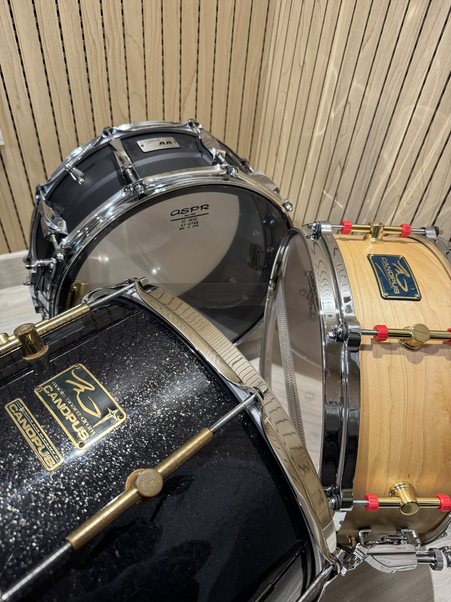 jun_drum06's tweet photo. My snare
All snare made by @CANOPUSDRUMS 
MO-1455
AA
1996年 M-8
All drum head made by @aspr_official 
Top
ST-250C
Bottom
ST-075S https://t.co/UzyXL2wVKt