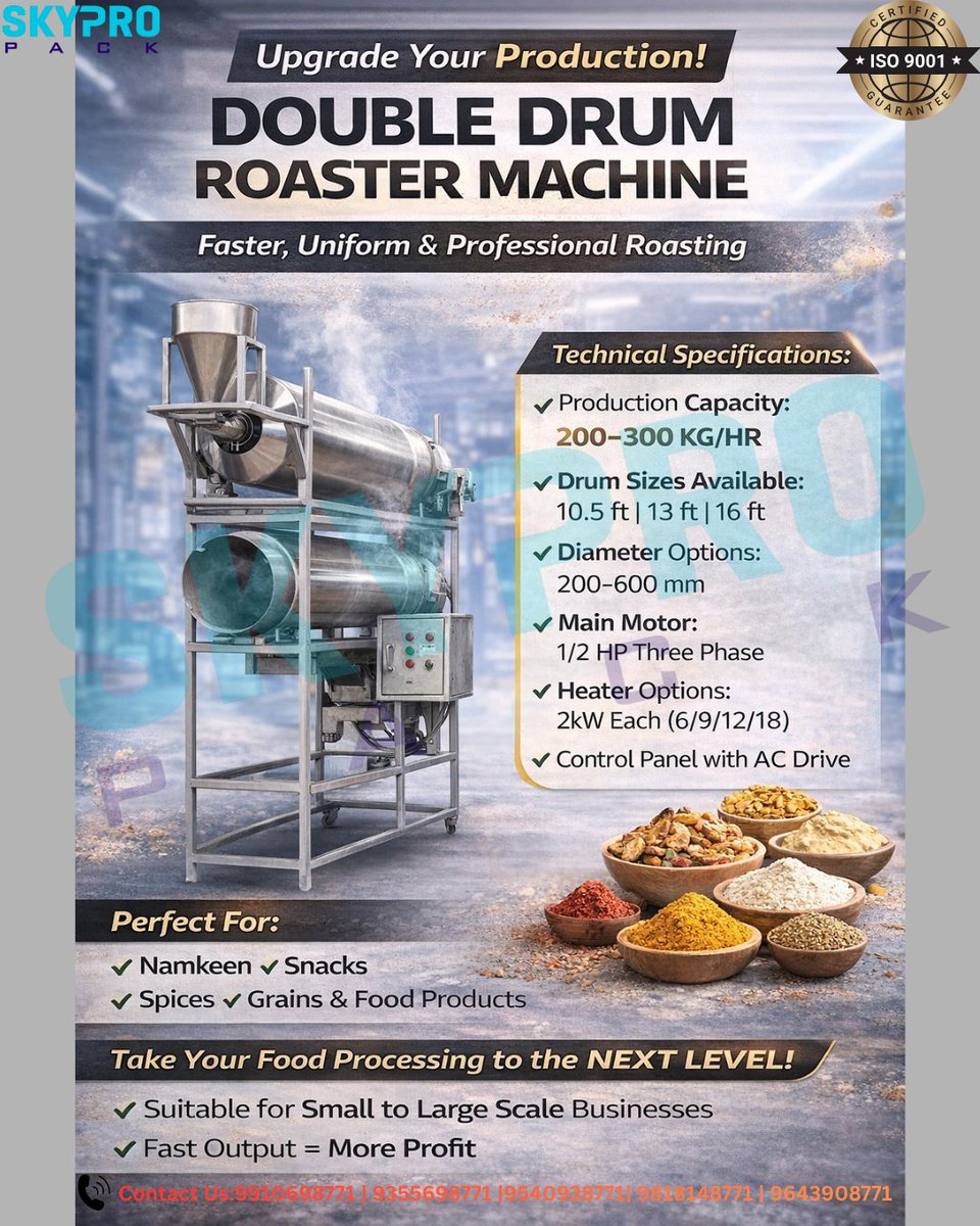 SkyproPack9's tweet image. Introducing Double Drum Roaster Machine 🚀.
.
.
.
.
#RoasterMachine #FoodProcessing #NamkeenBusiness #SnackMaking #StartupIndia #MakeInIndia #BusinessGrowth #IndustrialMachinery #FoodIndustry #Automation #SmallBusinessIndia #ManufacturingIndia #FoodProduction #SpiceProcessing
