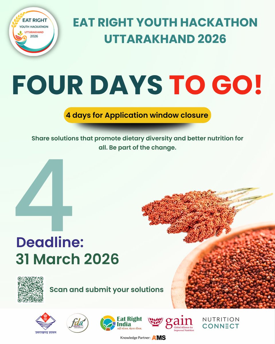 NutritionConnex's tweet photo. 🚨 4 days. That’s it!

Submit your game-changing solutions to promote balanced diets, dietary diversity, and healthier eating habits and be part of a movement that’s shaping the future of food.

Don’t just think it. Build it. Submit it. 🚀

📅 Application Deadline: 31 March 2026
🔗 Register Now: https://t.co/GN6PsZ30GY
🏆 Win Cash prizes, mentorship, media coverage, statewide recognition & more

#EatRightYouthHackathon #EatRightIndia #NutritionConnect #ChildNutrition #HealthyIndia #Uttarakhand #YouthForNutrition
@pushkardhami @SubodhUniyal1 @drdhansinghuk @DIPR_UK @MoHFW_INDIA @fssaiindia @startupindia @StartupCellUk @startup__pedia @mygovindia @AIMtoInnovate @MSDESkillIndia @GAINalliance @gainindia @VijetaSinghari @iitroorkee @IIMKsp @university_doon @uoulive @usvvharidwar  @MietKumaon @pwctwitt @icfaidehradun @GraphicEraUni @gehudehradun @HURoorkee @motherhood_univ @UPESDehradun @dit_university @SGRRUOFFICIAL @GyanarthiK @PantUniversity