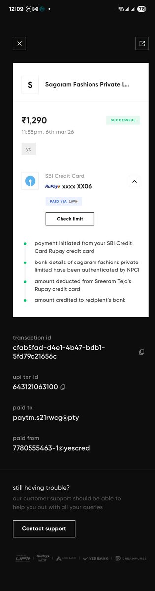 ramtej046's tweet photo. @SBICard_Connect Unable to DM. ₹1290 transaction (6 Mar) still pending despite proofs shared. 25+ days, no resolution or ticket ID. Please resolve urgently and provide a reference ID. Again attached the UPI transaction slip for your reference. Please cancel the transaction and refund my money. https://t.co/weNjg44K6S