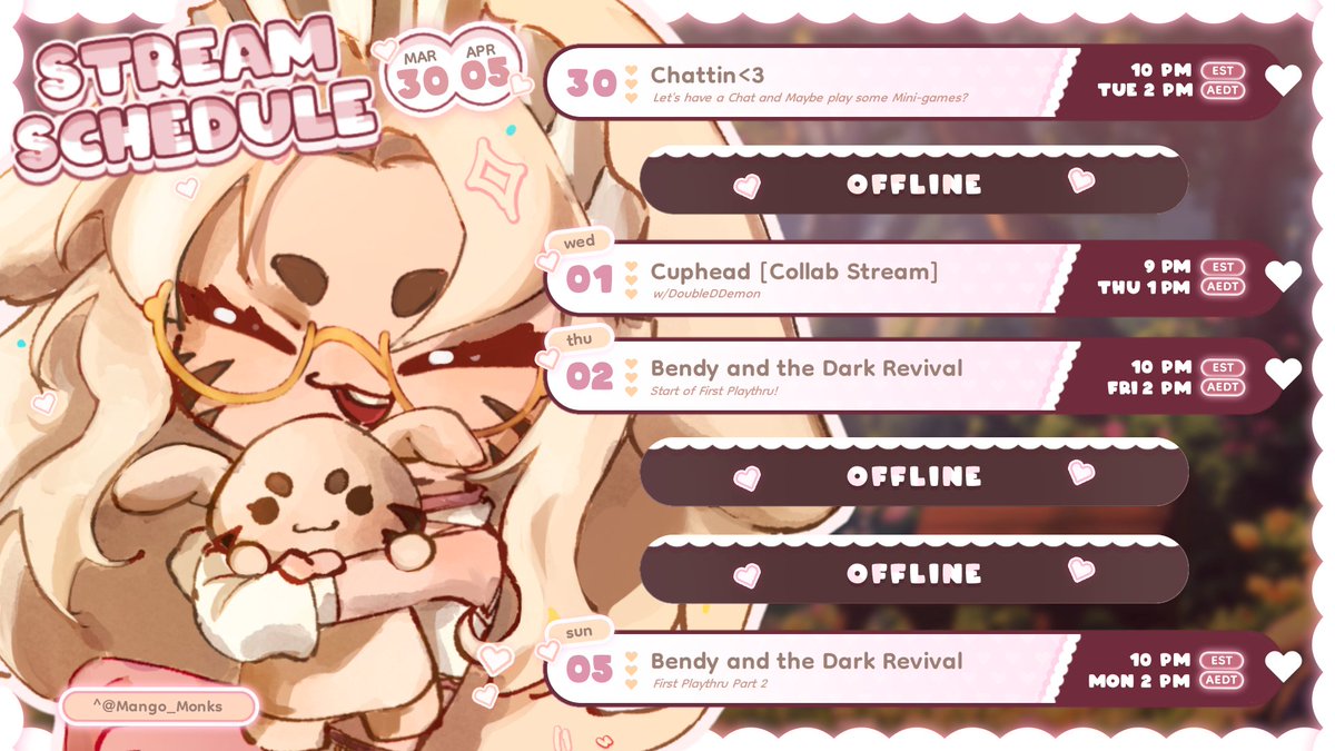 BubbleBeeLucy's tweet photo. Stream Schedule 30/3 - 05/4 EST ~ 31/3 - 06/4 AEDT
♡ Dual Streaming Twitch and YT!! ♡
#vtuber #ENVtubers #ausvtuber https://t.co/lAp9E8h75r