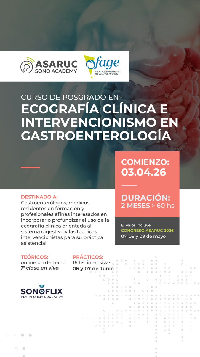 ASARUC1's tweet photo. ¿Buscás formarte en Intervencionismo en Gastroenterología? 🔬
Capacitación con prácticas en modelos sanos y material cadavérico.
⚠️ Últimos cupos disponibles
📅 Inicio: 4 de abril 2026
📩 Info: +54 11 3368 0646
🌐 Inscripción: https://t.co/CmEVUoFLL2
#Gastroenterología #Medicina https://t.co/T8LKunjCsZ