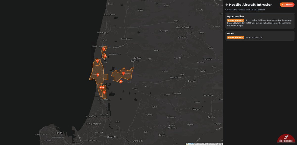 ️ Hostile Aircraft Intrusion [08:34:46] - 11 Alerts: • Upper Galilee ...