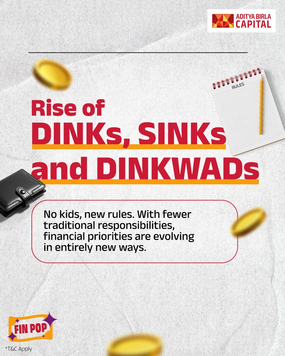 abcapital's tweet photo. The way we live is changing—and so is the way we plan money.
From DINKs to SINKs, financial journeys look very different today.

#AdityaBirlaCapital #FinPop #PowerOfChoice #FinancialGoals https://t.co/rUwtS9EqMe