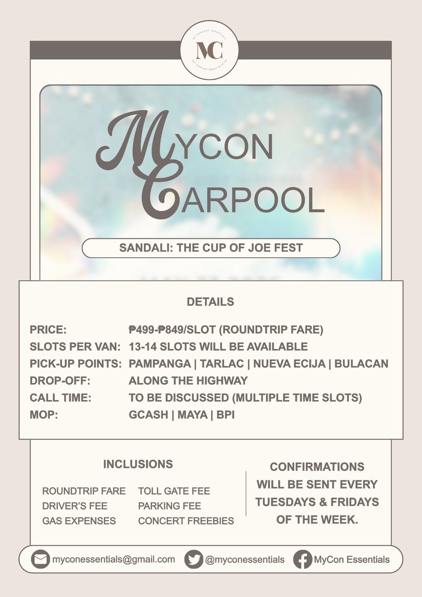 myconessentials's tweet image. WTS LFB PH

CUP OF JOE Sandali Fest Carpool

📍Pampanga | Tarlac | Nueva Ecija | Bulacan

Further details are posted below. 

If you wish to avail slot/s, kindly fill out this form: bit.ly/cojfest

🏷️ angeles san fernando calumpit baliwag 

#CupOfJoe #SandaliTheCOJFest