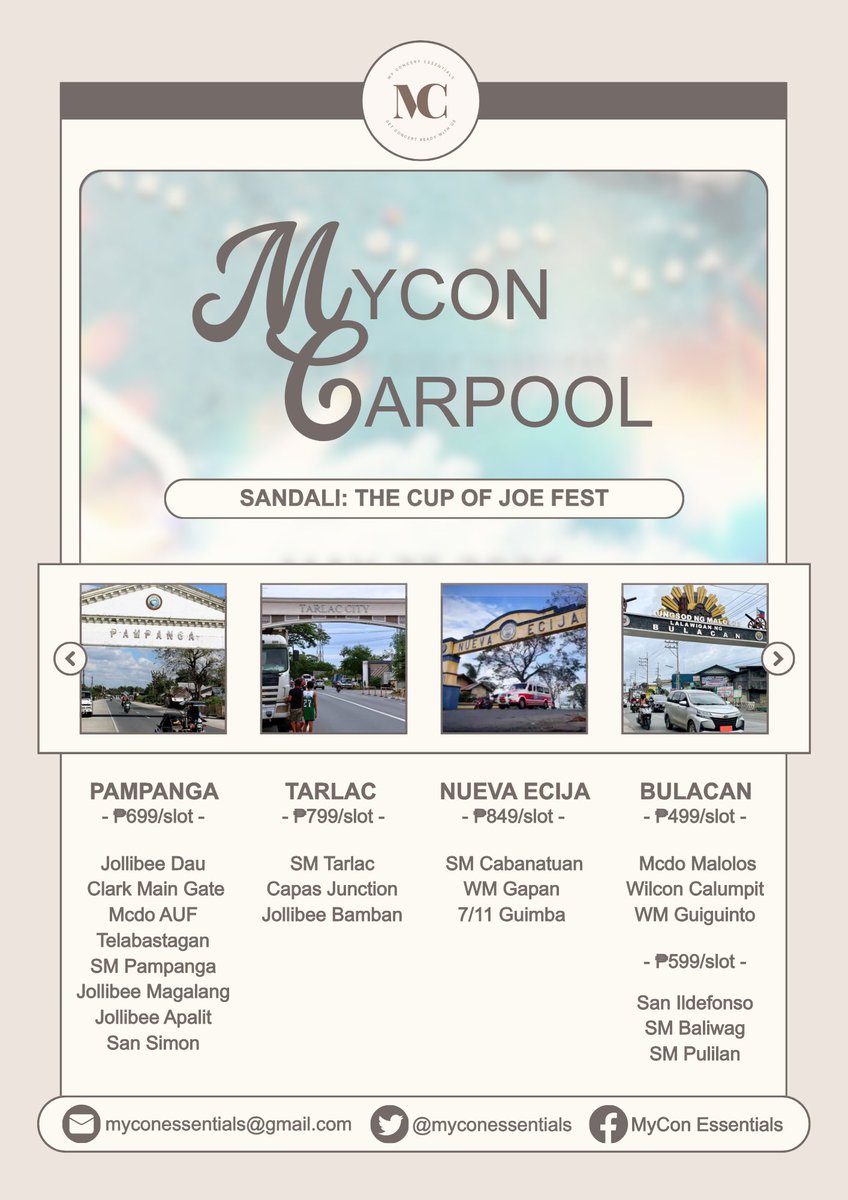 myconessentials's tweet image. WTS LFB PH

CUP OF JOE Sandali Fest Carpool

📍Pampanga | Tarlac | Nueva Ecija | Bulacan

Further details are posted below. 

If you wish to avail slot/s, kindly fill out this form: bit.ly/cojfest

🏷️ angeles san fernando calumpit baliwag 

#CupOfJoe #SandaliTheCOJFest