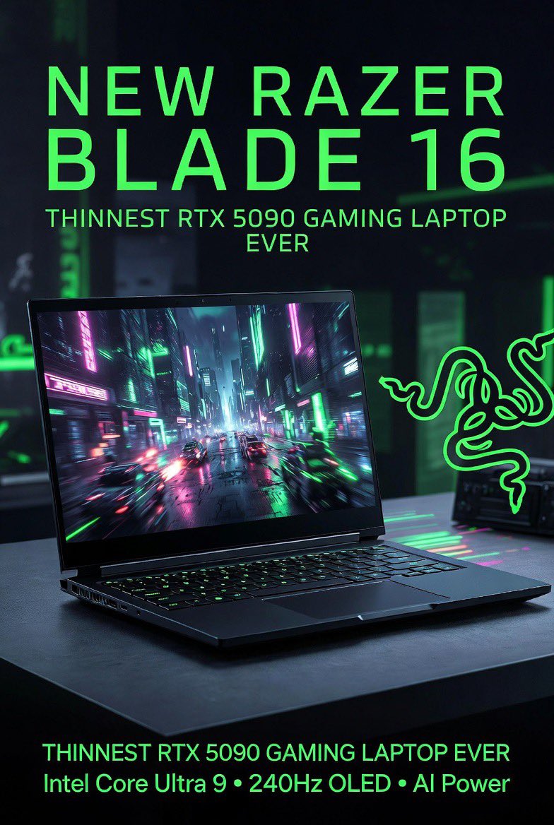 tech_trapper's tweet photo. 🚀 Thinnest RTX 5090 gaming laptop just dropped!
Razer Blade 16 – 14.9mm thin with: • Intel Core Ultra 9 • RTX 5090 @ 165W • 240Hz QHD+ OLED
Beast mode in your bag 🔥
Upgrade worthy? Drop 🔥 below!
#RazerBlade16 #RTX5090 #GamingLaptop #Razer #ThinAndMighty https://t.co/VM8AZJRlJO