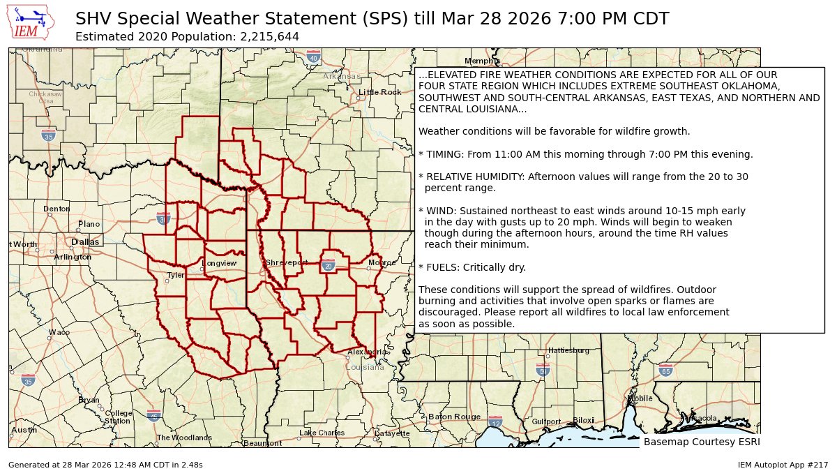 Special Weather Statement for Columbia, Hempstead, Howard, Lafayette, Little River, Miller, Nevada, Sevier, Union [AR] and Bienville, Bossier, Caddo, Caldwell, Claiborne, De Soto, Grant, Jackson, La Salle, Lincoln, Natchitoches, Ouac... till 7:00 PM CDT mesonet.agron.iastate.edu/p.php?pid=2026…