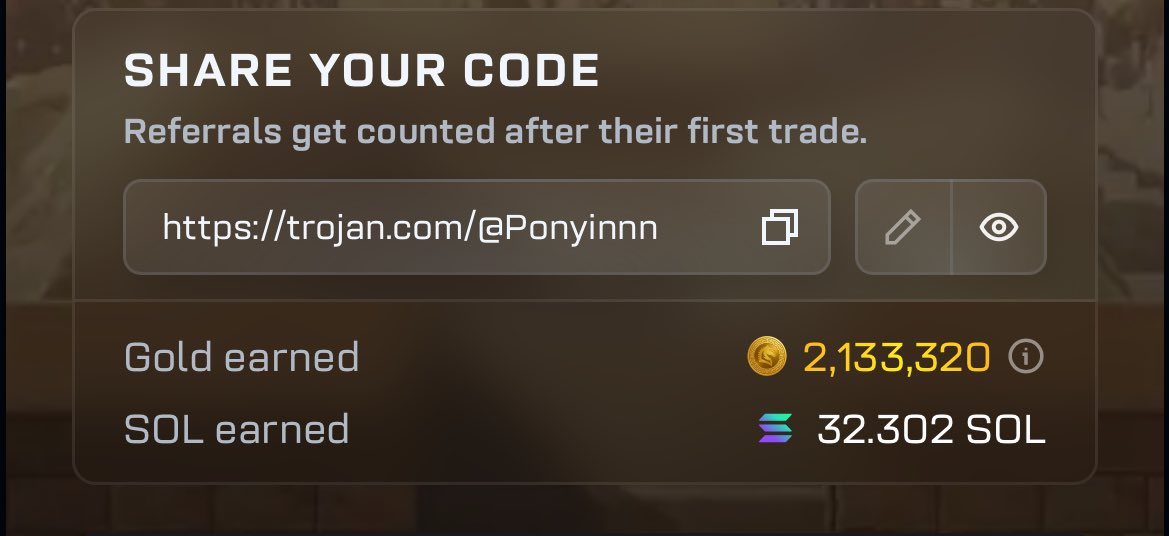 32 sol atau sekitar 40 jt an. 
Ga ngapa-ngapain cuma trade doang.
Cashback nya <a href="/TrojanOnSolana/">Trojan Trading</a> gabisa diadu jir.

Sepuh dia kalo soal cashback