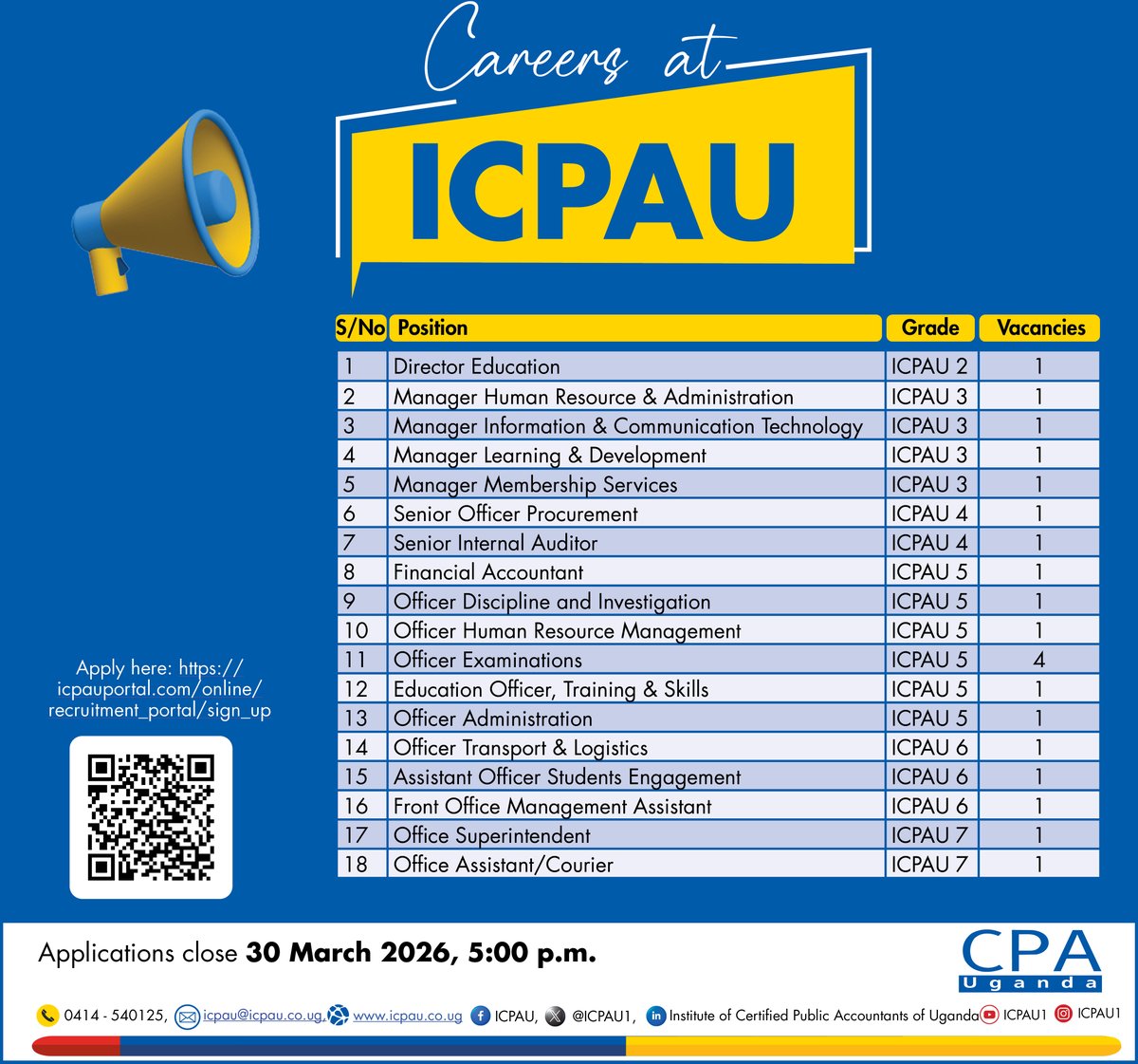 ICPAU1's tweet photo. ⏰ Reminder!
Opportunities don’t wait and neither should you.
The chance to join the Institute of Certified Public Accountants of Uganda is here.
🗓️Deadline: 30 March 2026
🕓 5:00 p.m.
Submit your application today: https://t.co/9HZYm0eUjj
#WeCreateImpact https://t.co/muVahlRvlT