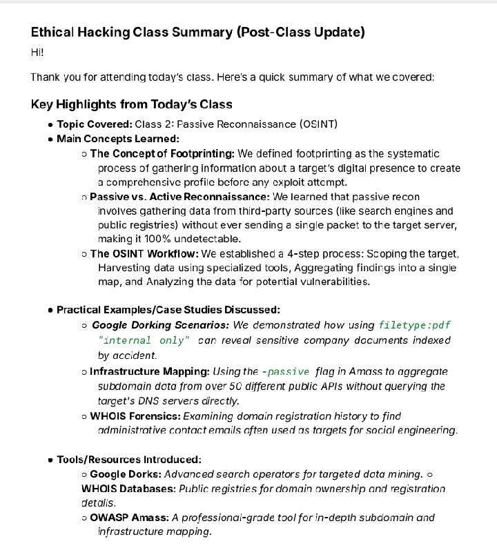 Raskyfc's tweet photo. 54-60/100: #100DaysOfCyberSecurity

I did  Ethical Hacking Summary and Google Hacking Cheat Sheet

● Topic Covered: Class 2: Passive Reconnaissance (OSINT)
● Main Concepts Learned:
○ The Concept of Footprinting: 
○ Passive vs. Active Reconnaissance:
○ The OSINT Workflow https://t.co/QLcMBMxvcu