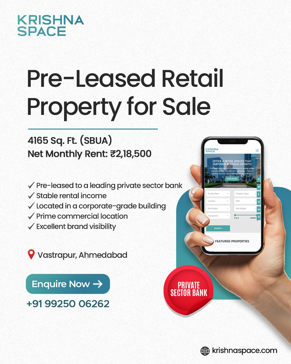 KrishnaSpace's tweet photo. A premium pre-leased retail investment opportunity in one of Ahmedabad’s prime commercial hubs.
Located in Vastrapur, this asset is leased to a leading private sector bank, ensuring stable rental income.

Net Monthly Rent: ₹2,18,500

📍 Vastrapur – Ahmedabad https://t.co/sLLMtkEaCp