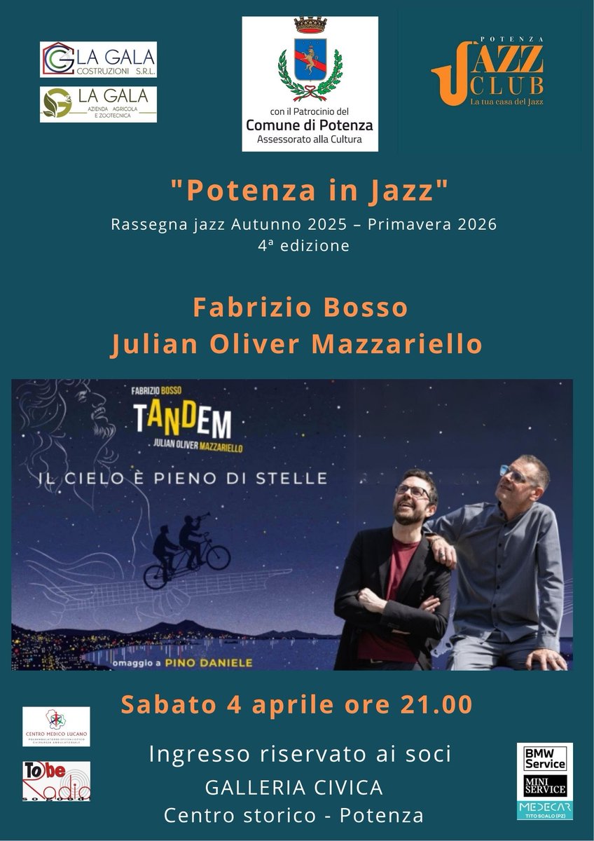 jazz_potenza's tweet photo. Potenza in Jazz 4^ edizione.
Ultimo appuntamento della rassegna autunno 2025 primavera 2026 "Potenza in jazz".
Sabato 4 aprile ore 21.00 presso la Galleria Civica largo Pignatari - centro storico - Potenza
Fabrizio Bosso, tromba
Julian Oliver Mazzariello, piano. https://t.co/JZjpxWYMAo