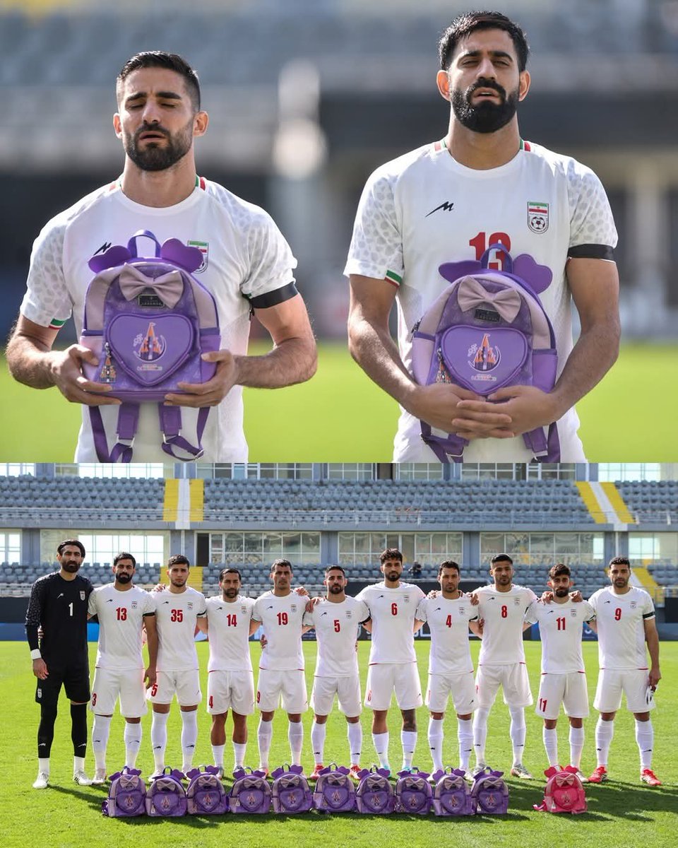 Hid0can's tweet photo. 🇮🇷 Antalya'da kamp yapan İran Milli Futbol Takımı, Nijerya Milli Takımı ile oynadığı hazırlık maçı öncesi seremoniye savaşta ölen çocuklara dikkati çekmek için çocukların sırt çantalarıyla çıktı. 😥 https://t.co/mGog1Bz82X
