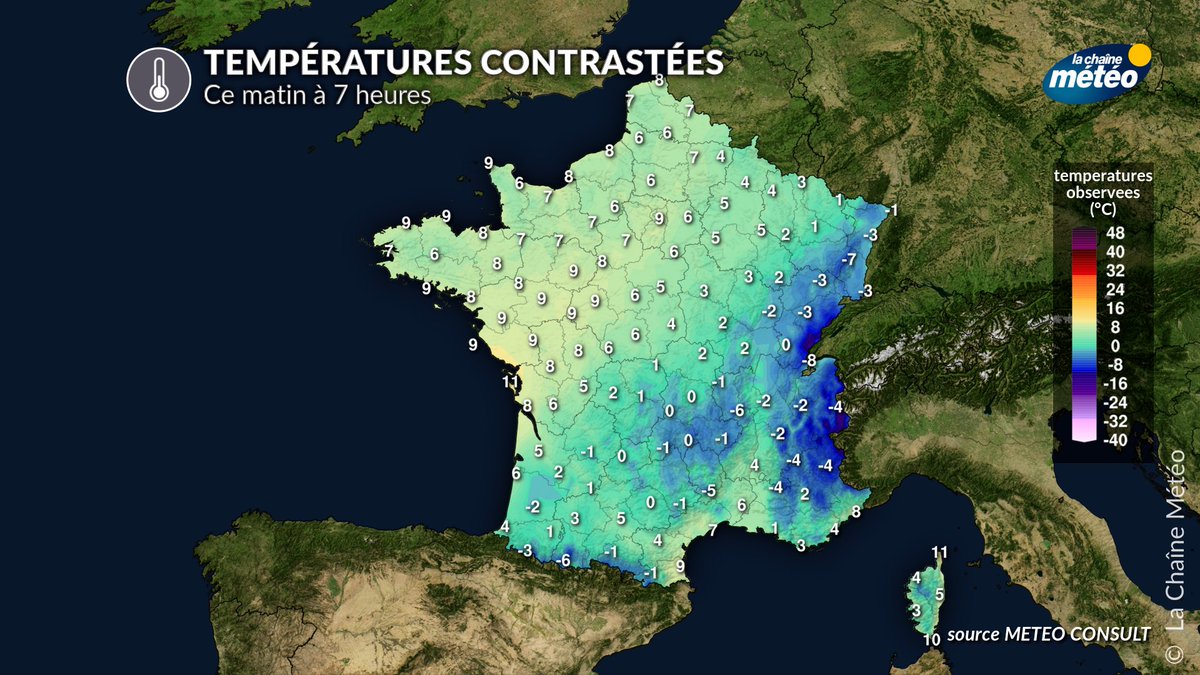 lachainemeteo's tweet image. 🌡️Les #températures sont contrastées ce matin avec du #gel dans le sud du pays où le ciel nocturne clair 🌔 a favorisé le rayonnement (-6°C à Saint-Étienne), alors que les #nuages ☁️ et la #pluie 💦 au nord ont maintenu de la douceur (9°C à #Paris au lever du jour).