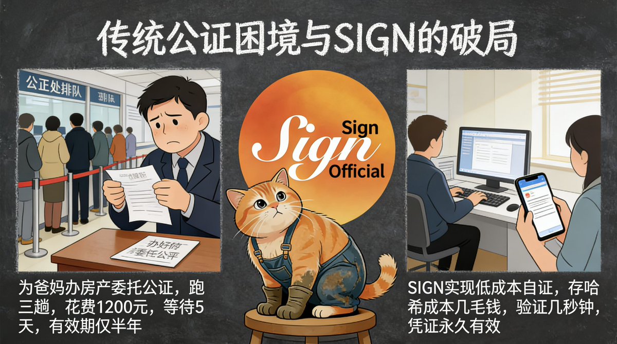 mayihong's tweet photo. 上个月给我爸妈办房产委托公证，跑三趟，交一千二，等五天，拿到一张盖红章的纸。窗口大姐说：“只管半年，过期重来。”

我朋友在新加坡办同样的东西，线上公证花了三千多，还得寄原件。我俩喝酒时一算，光公证费，普通人一年少说贡���好几千。

大公司更惨，跨境合同、资产证明、找律所四大，动辄几万几十万。

说白了，信任这东西在现实世界里，是按“谁付得起钱”来定价的。

银行、律所、���证处，它们卖的不是服务，是“信任背书”。用自己信誉给你盖章，收一笔中介费。这套模式跑了几百年，本质没变——你想证明“我是我”“我有资格”，就得花钱请人帮你证明。

$SIGN 干的，就是把“证明”从“买服务”变成“自己造”。

它那套Sign Protocol，核心是链上证明（Attestation）。你把身份、资产、合同做成链上凭证，存自己钱包。对方验证时，不用回公证处查档案，不用等五天，只需验链上签名。

成本？链上存哈希，几十字节，几毛钱。验证？几秒钟。凭证永久有效，除非你主动撤销。

@Sign 不是画饼，TokenTable已经处理了超40亿美金真实分发，塞拉利昂居民身份证完全在链上跑通。这不是PPT，是真落地。

普通人第一次有了“低成本自证”的工具。不求人，不等，不被宰。

这不是宏大叙事，是朴素刚需：我不想每次证明自己，都得先被中��割一刀。谁把信任成本打下来，谁就是真基建。#Sign地缘政治基建