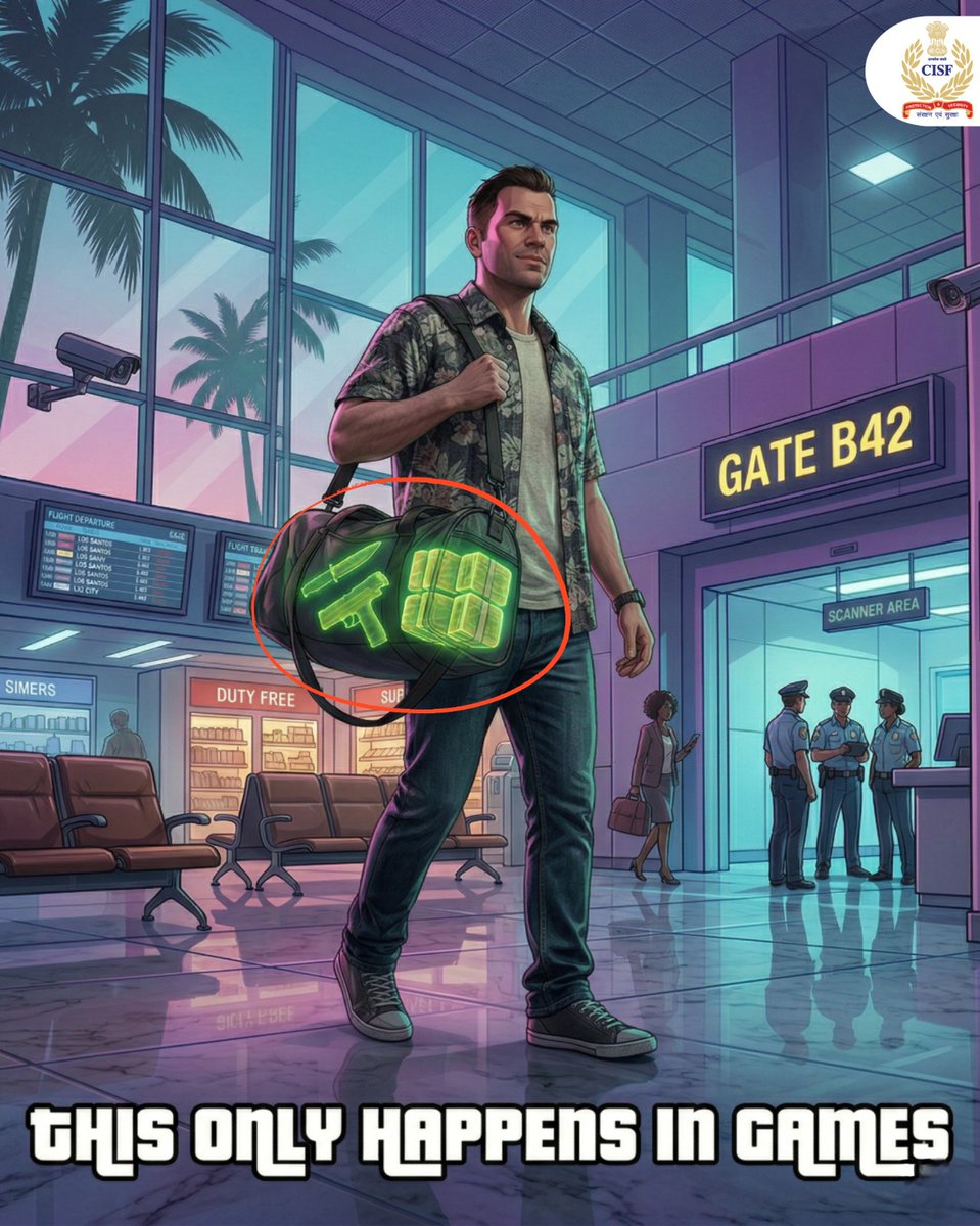 CISFHQrs's tweet image. This Only Happens in Games… 🎮

In real life, every bag is screened, every threat is detected and nothing slips through unnoticed. 👀✈️

CISF remains vigilant round the clock to ensure your journey stays safe and secure.

#CISF #AirportSecurity #SafeTravel #gta #ShieldOfSecurity