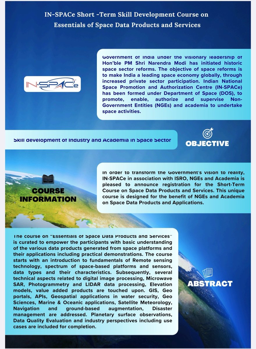 venkatesh_isro's tweet image. IN-SPACe Short-Term Skill Development Course on Essentials of Space Data Product and Services 

For More Information: isro.gov.in/media_isro/pdf…

#isro #InSpace #spaceupdate