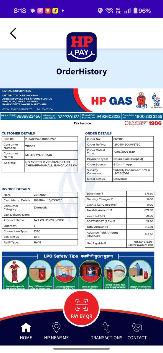 kumaraditya19's tweet photo. Hi @HPCL @MoPNG_eSeva @HardeepSPuri @PCMohanMP @BlrCityPolice
reporting serious LPG subsidy fraud!
Consumer No: 710009 (Murali Enterprises, Bengaluru). Order 663985 was booked &amp; paid for by a 3rd party (Ref: 3260000010226388) and marked "Delivered" without my DAC or knowledge. https://t.co/jE2slWPdMb