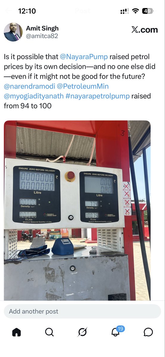 amitca82's tweet photo. @jpsin1 Is it possible that @NayaraPump raised petrol prices by its own decision—and no one else did—even if it might not be good for the future? @narendramodi @PetroleumMin @myogiadityanath #nayarapetrolpump raised from 94 to 100 https://t.co/vxI2rJFNWn