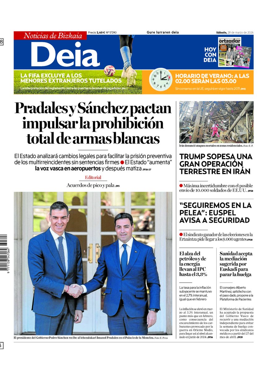 deia_eus's tweet photo. Egun on! Consulta la portada de DEIA de este sábado 28 de marzo https://t.co/eoWtLbVAkt || Accede a la versión de la edición impresa en PRESST 🗞️: https://t.co/trXZoGNgfj https://t.co/q0ZQngw9iM