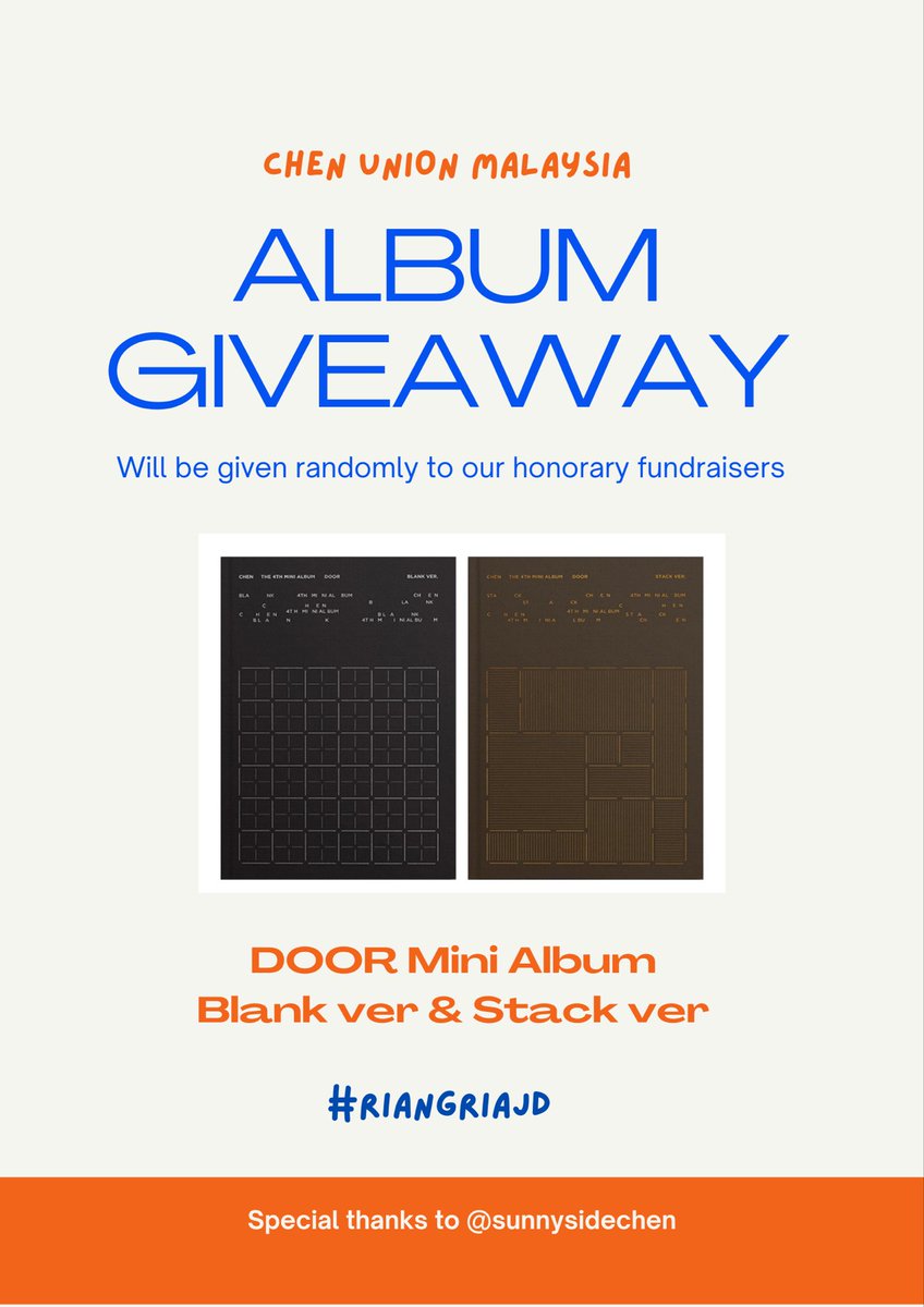 chenunionMY's tweet photo. ⚡️RIANG RIA JD⚡️

🎁ALBUM GIVEAWAY🎁

CHEN UNION MALAYSIA is giving away DOOR mini albums (Blank ver. &amp; Stack ver.) to our honorary fundraisers 💙

Winners will be chosen randomly — stay tuned!

Special thanks to @sunnysidechen ✨

#RiangRiaJD #ARCADIAinMY #ARCADIAinKL #CHENinMY https://t.co/xXrelwQqZM