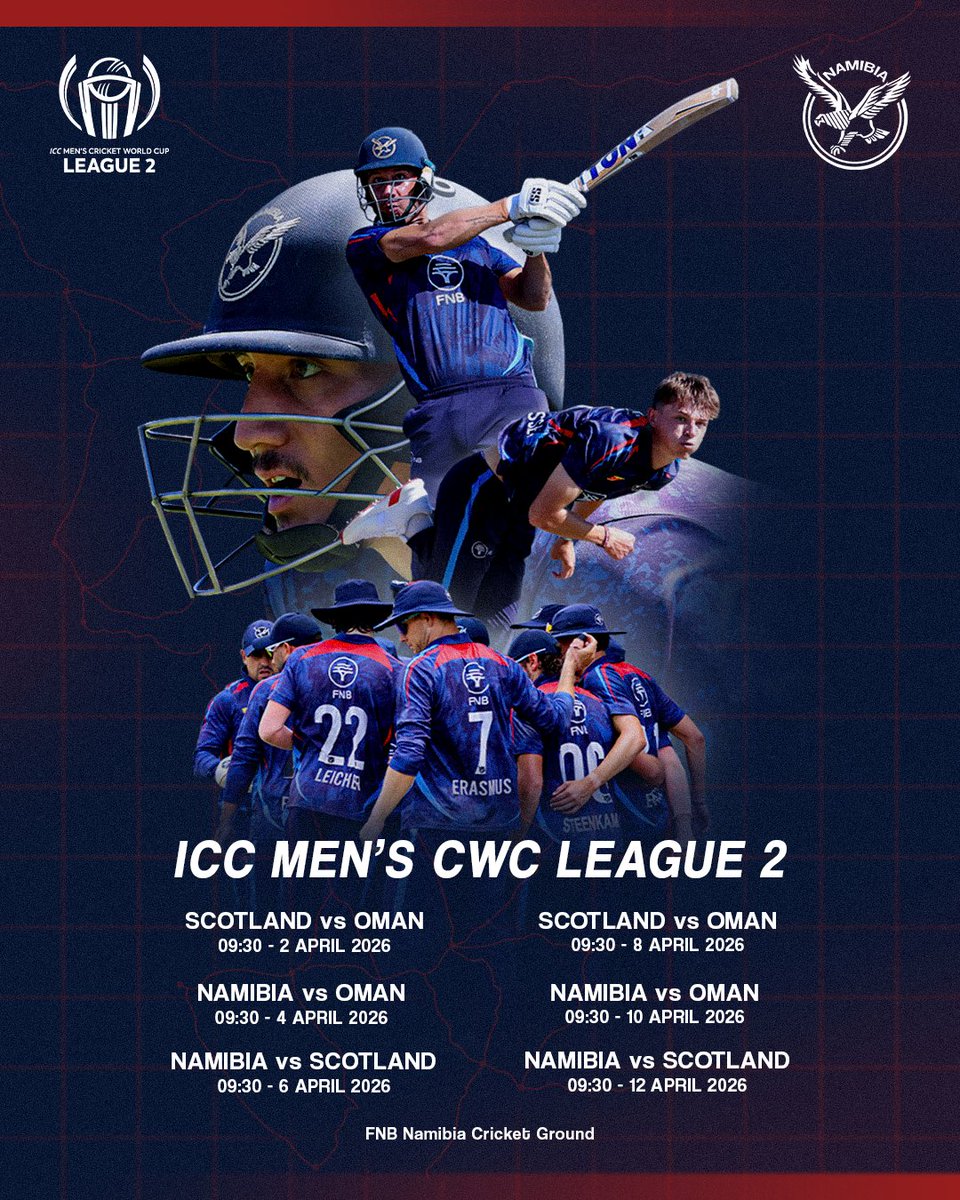 CricketNamibia1's tweet photo. ICC Men's CWC League 2 Fixtures in Windhoek🏏
Come watch competitive cricket at the FNB Namibia Cricket Ground.
#CWCL2 #FNBNamibia #Windhoek https://t.co/dLU7IS8BBM