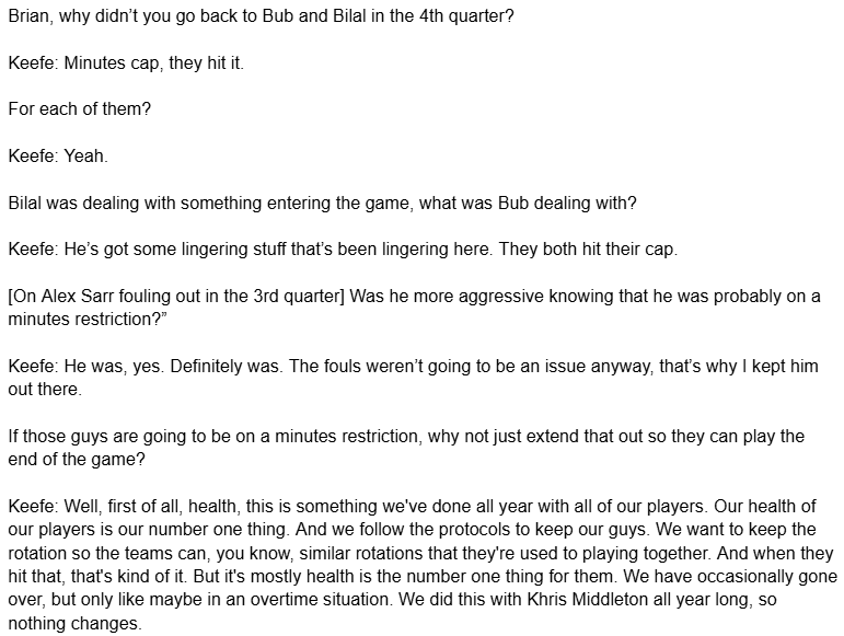 NateDuncanNBA's tweet photo. Wizards coach Brian Keefe was asked by @JoshuaBRobbins and me why starters Bilal Coulibaly and Bub Carrington didn't play in the 4th quarter of a close game against Golden State, and why Alex Sarr was allowed to foul out in the 3rd. https://t.co/RYbVwjbsKU